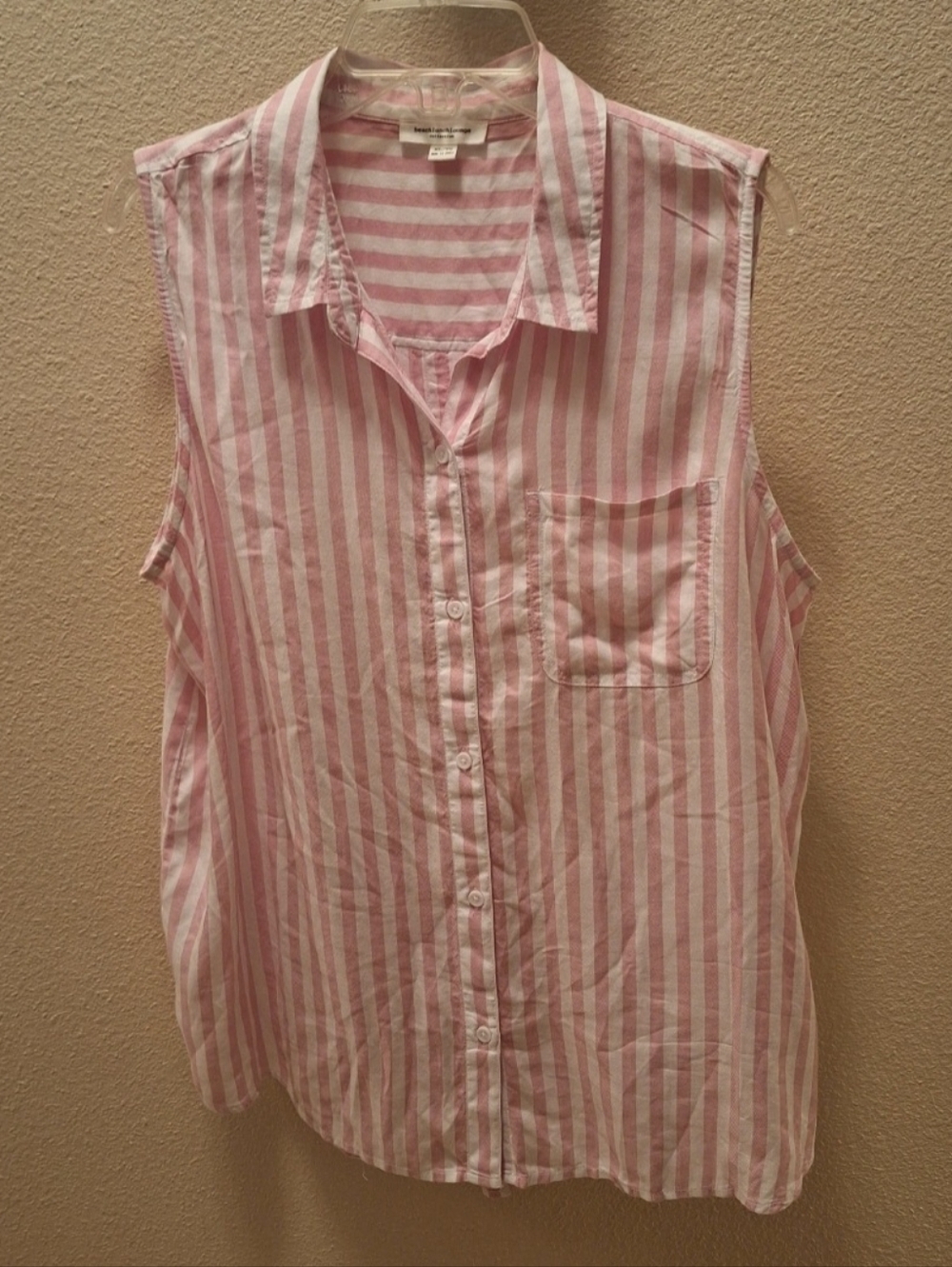 Sleeveless Pink and White Stripe Button-Up Top. Beach Lunch Lounge